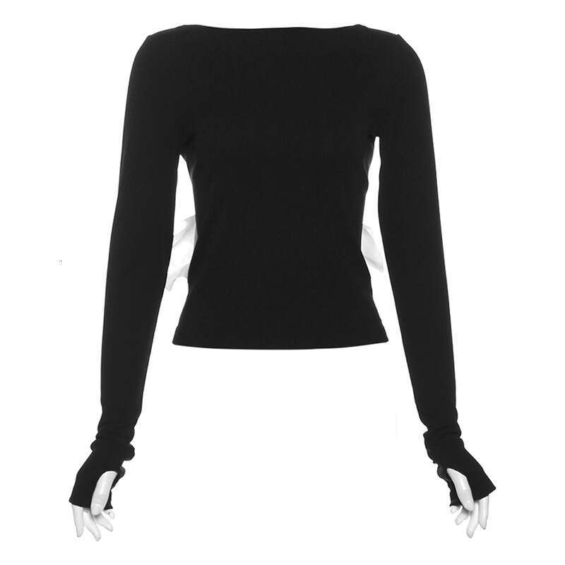 2023 Summer New Women's Fashion Solid Color Slim Fit Round Neck Sexy Backless Long Sleeve T-Shirt 235