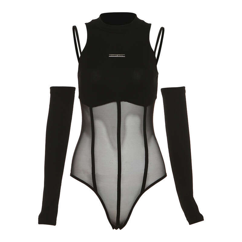 2022 Autumn New Women's Solid Color Slim Fashion Round Neck Sexy Mesh Splicing Jumpsuit 090