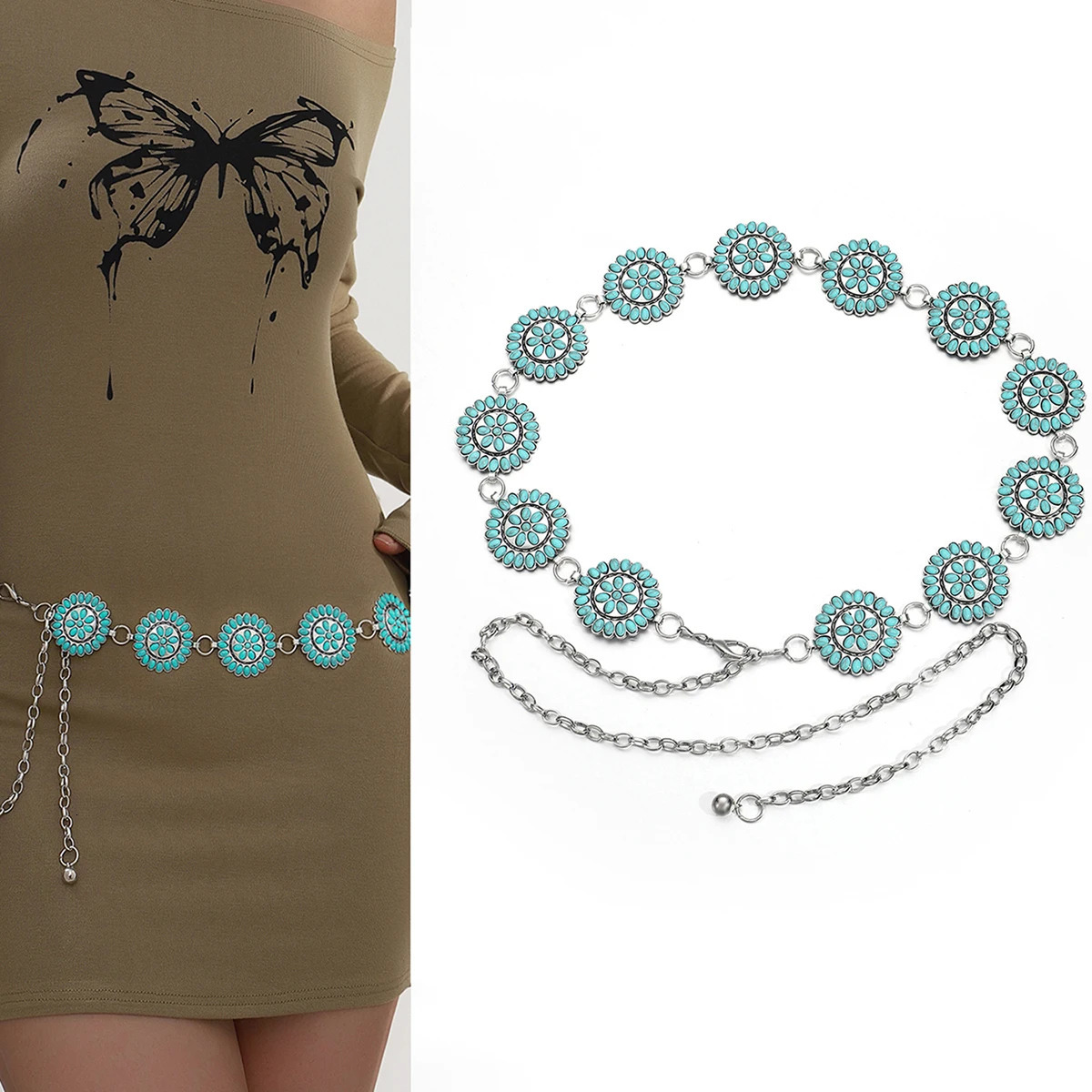 Europe and the United States retro fashion personality turquoise waist chain 250722