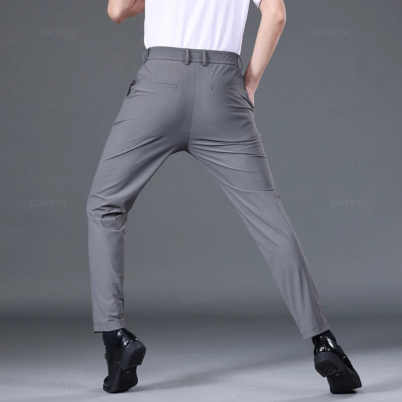 Summer Good Stretch Smooth Trousers Men Business Elastic Waist Korean Classic Thin Black Gray Blue Casual Suit Pants Male 250725