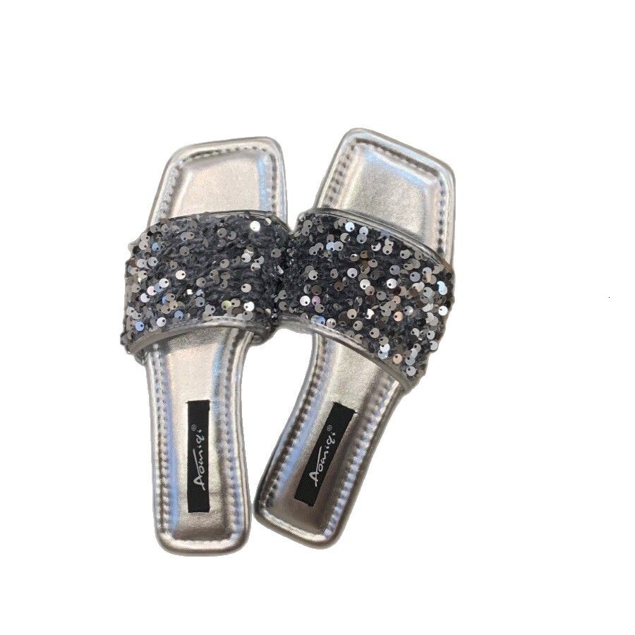 Ddmysports French Style Fairy Shoes One Strap Large Size Flat Sandals Black Spring Summer Women Sequin Low Heel Slippers Outdoor Shoes