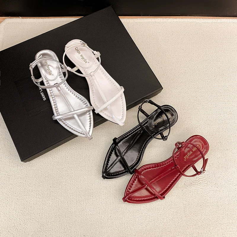 Ddmysports Women S Summer New Outdoor Wedge Flat French Style One Strap Pointed Toe Beach Red Roman Sandals Outdoor Shoes