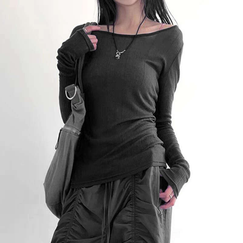 2023 Summer New Women's Fashion Solid Color Sexy Off-Shoulder Long Sleeve T-Shirt 1d3