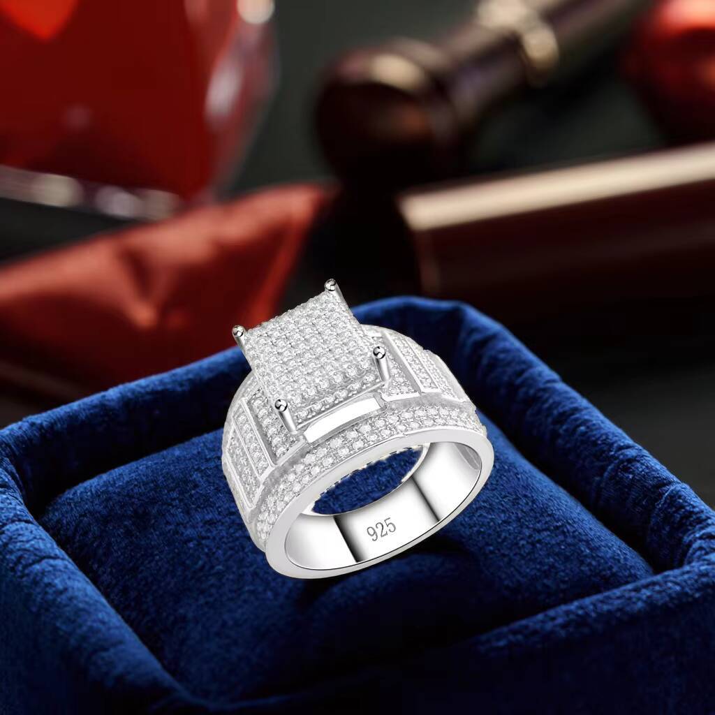 Dubai Style Cool VVS Moissanite Ring for Men 925 Silver Hip Hop Fashion Jewelry with Iced Paved Statement Piece
