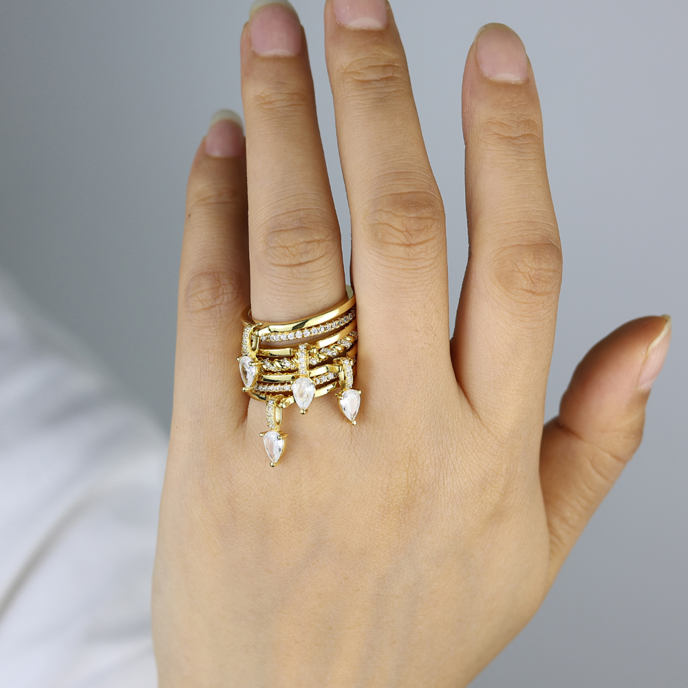 2025 New Fashion Gold Plated Double Layers Circle Ring Bling Cubic Zirconia For Women Party Wedding Jewelry