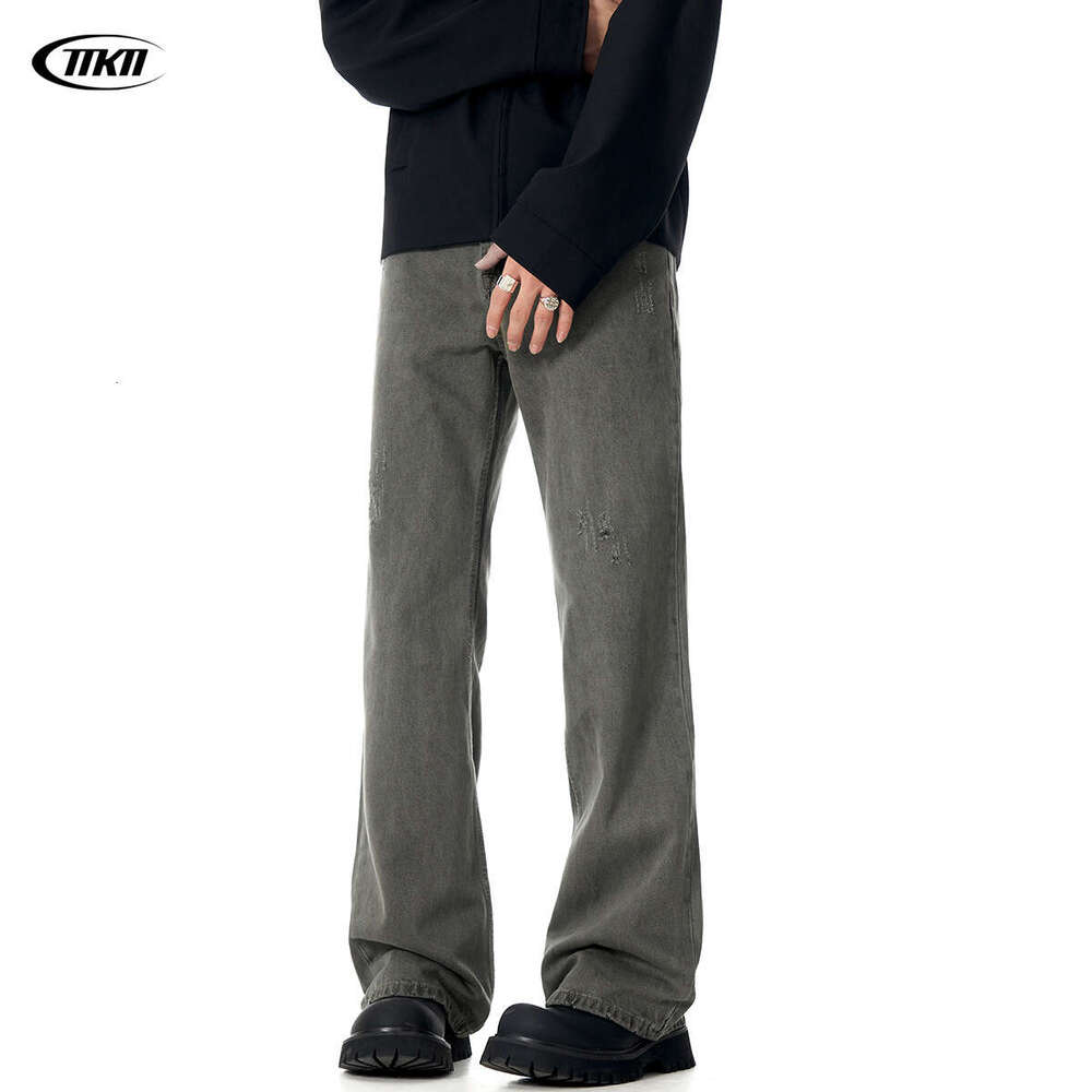 11Kn American Style Jeans Unisex Streetwear Distressed Straight Loose Wide Leg Versatile Cleanfit Long Pants