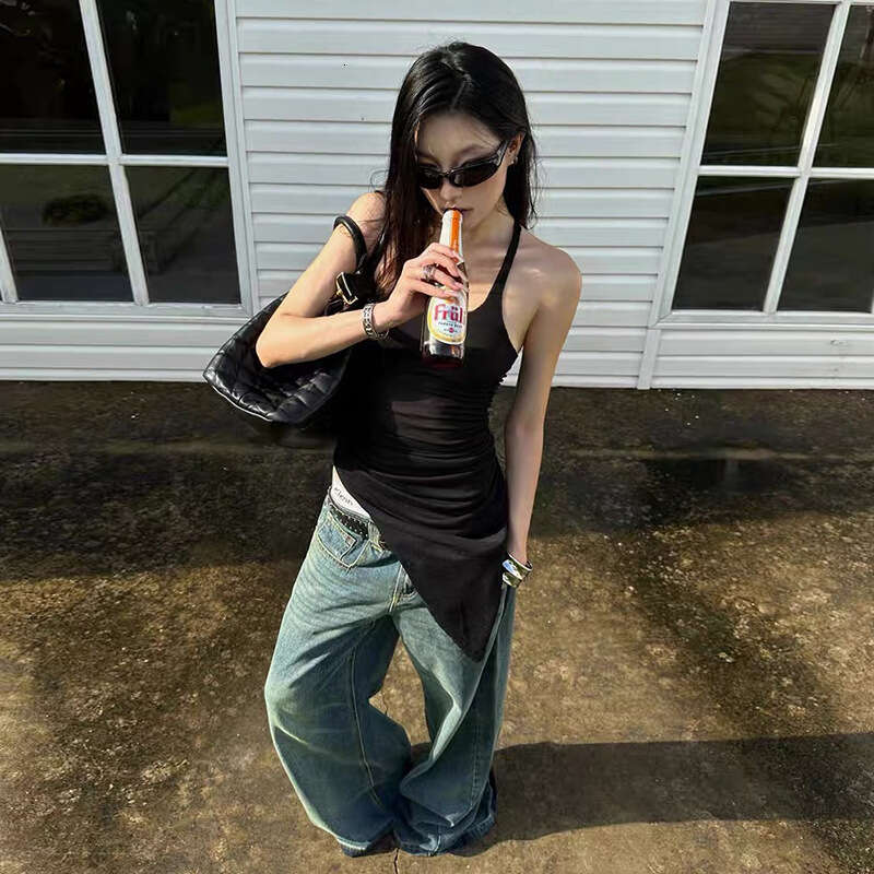 2024 Spring New Women's Solid Color Slim Street Fashion U-Neck Strap Mid-Length Vest 8ed