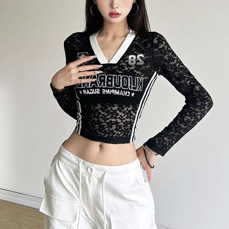 2024 Autumn New Women's Solid Color Slim Fit Crop Fashion V-neck Long Sleeve Printed Top for Women e60