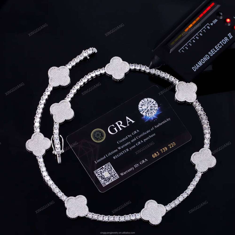 XingGuang Hiphop Cuban Sterling Sier VVS Moissanite Dia Four Leaf Clover Bracelet 3mm 4mm Tennis Chain