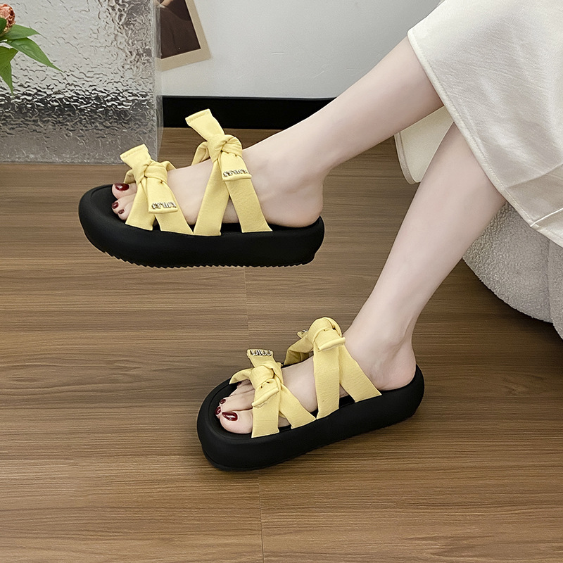 Ddmysports Thick Sole Rhinestone Bowknot One Strap Sandals New Summer Outdoor Casual Vacation Beach Slippers For Women Outdoor Shoes