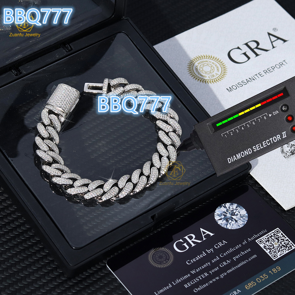 Fine Jewelry Bracelet 8MM Round Excellent Design Hip Hop Jewelry 925 Silver D-VVS1 Moissanite Diamond Miami Cuban Chain Bracelet