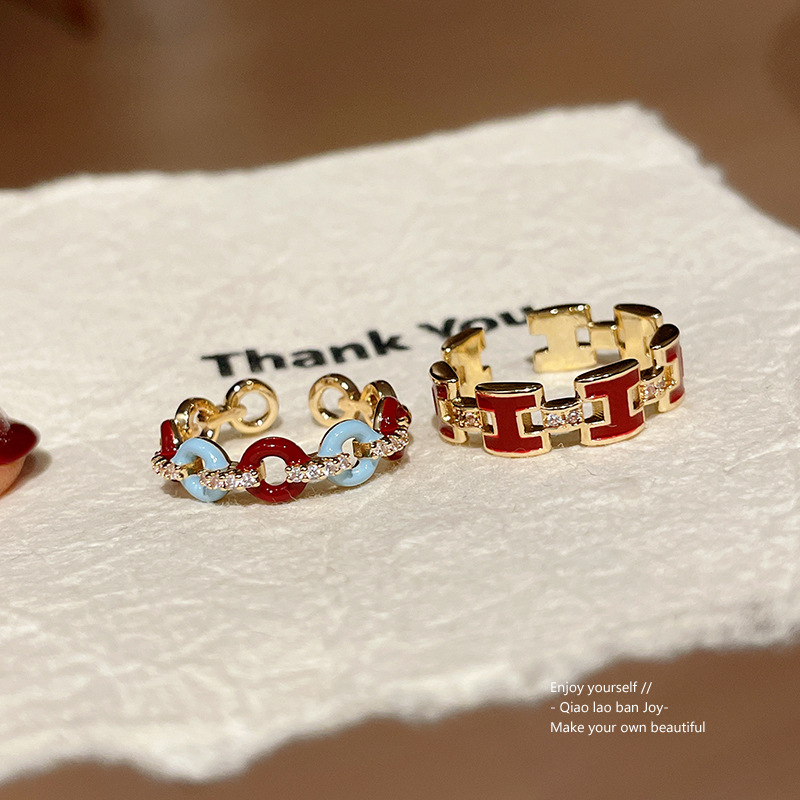 Gold Tone Linked Ring With Red Enamel & Pave Crystal Accents Minimalist Chic Daily Jewelry And Gift For Her High Quality Stylish Design