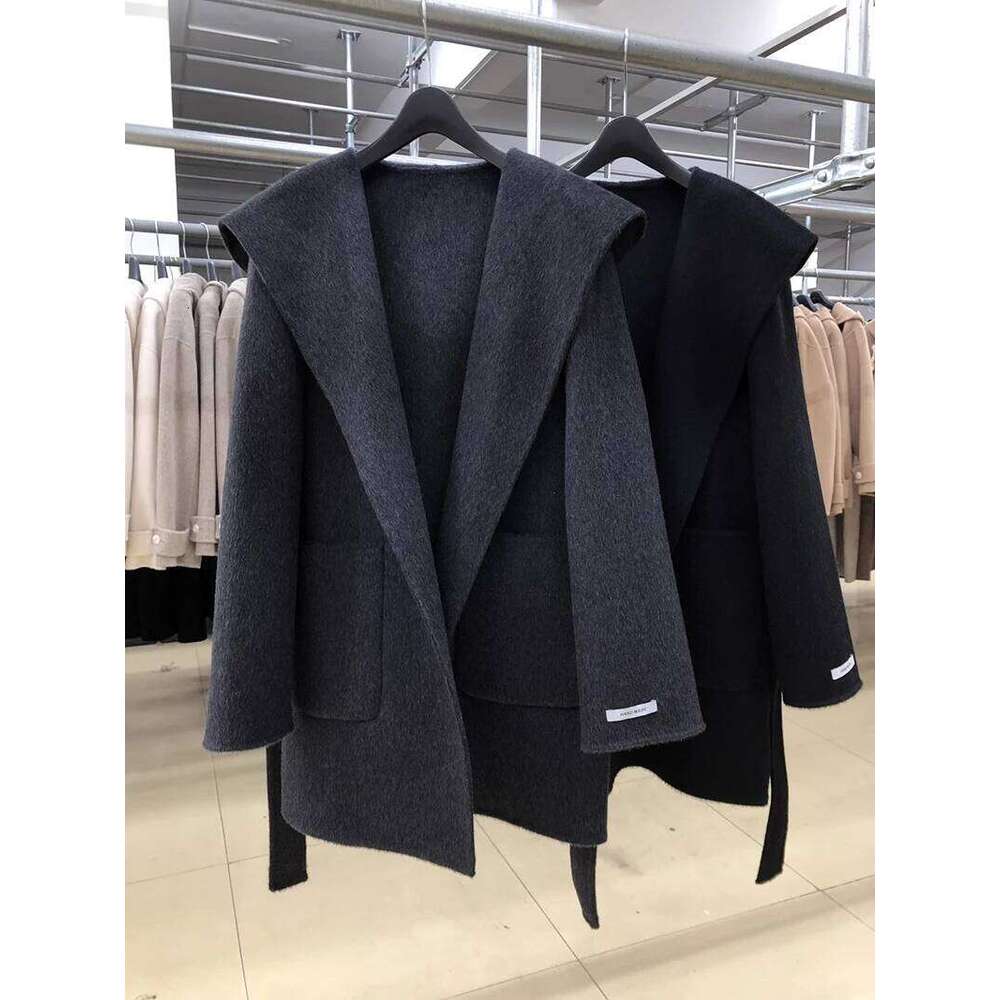 Designer Clothing Hooded Medium-Length Double Sided 100%Wool Coat Women Korean Fashion Loose Winter Jacket 2024 Fashion