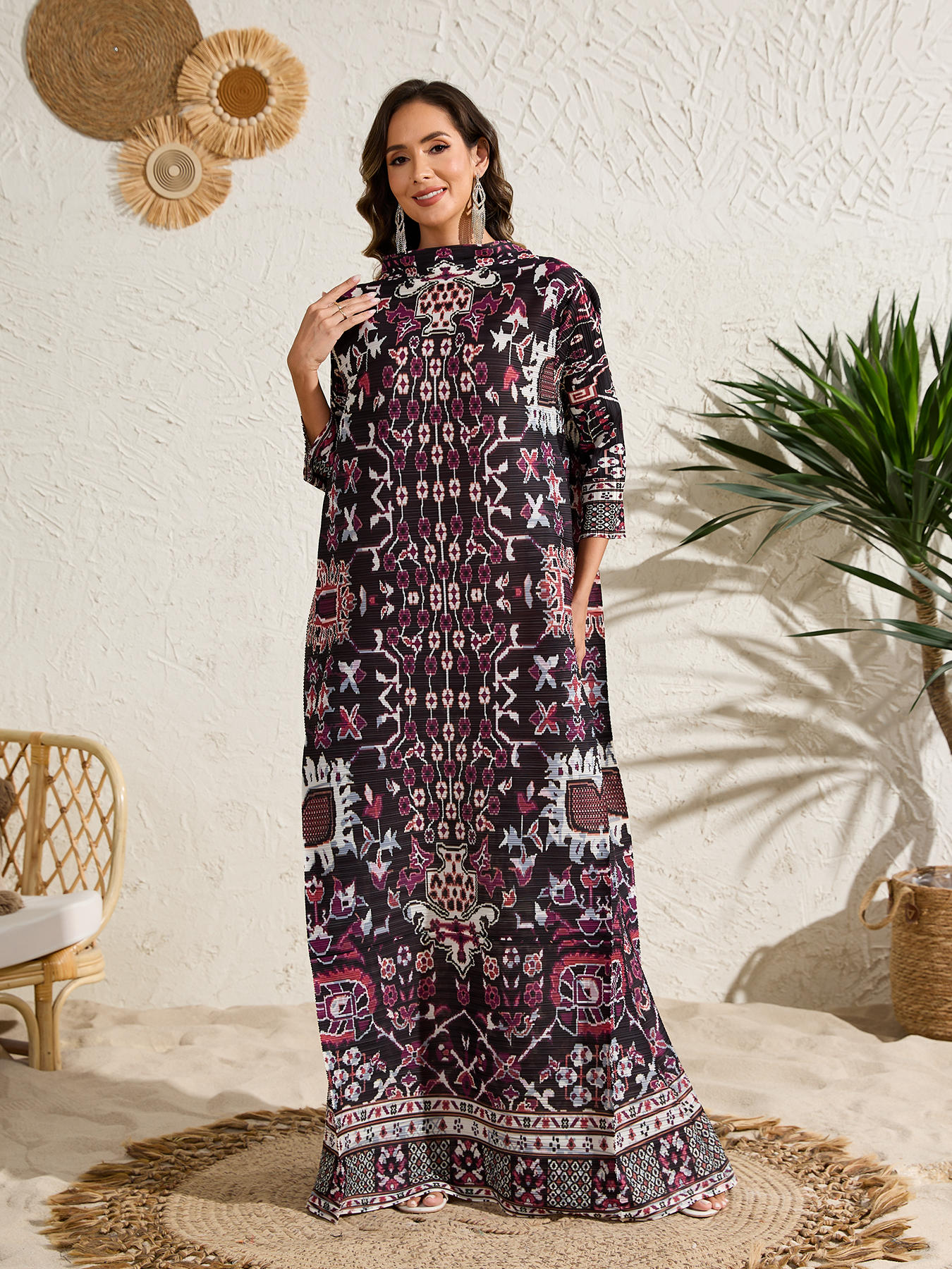 Ethnic Clothing Ladies' dress Ladies' elegant, loose and printed long-sleeved dress in Arab style NZ010