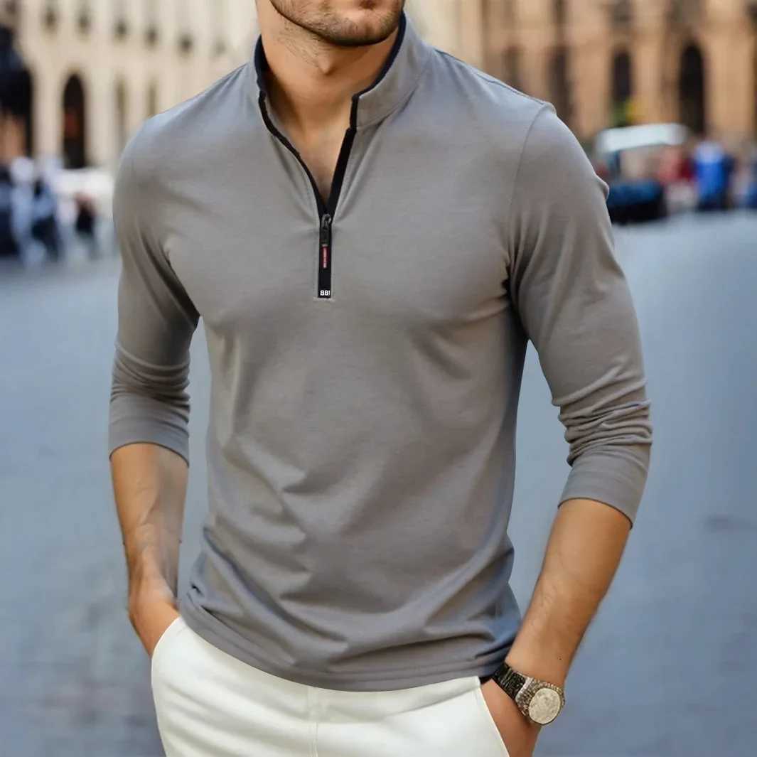 2025 New Mens Casual Fashion Solid Color Long Sleeve Polo Shirt Stand Up Collar Versatile Comfortable Top XJ250725
