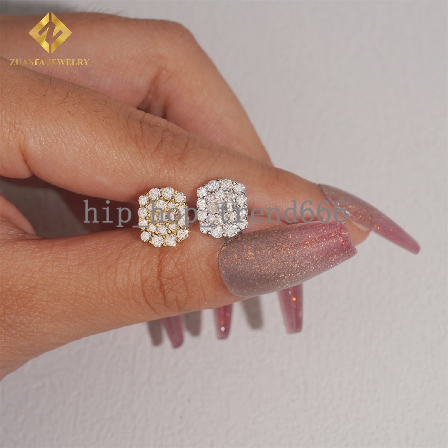 Ready to Ship 18K Gold Plated 925 Silver Ear Studs Iced Out Baguette Diamond Women Jewelry Hip Hop VVS Moissanite Stud Earrings