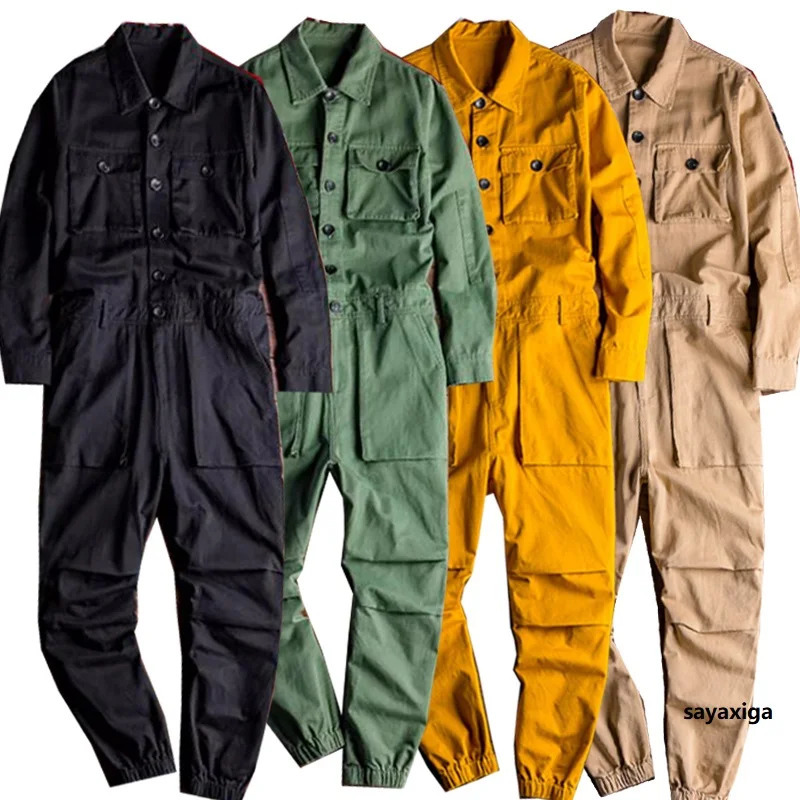 Mens Jumpsuit Lapel Long Sleeve Multipocket Ankle Length Beam Feet Overalls Fashion Black Yellow Freight Trousers Cargo Pants 250725