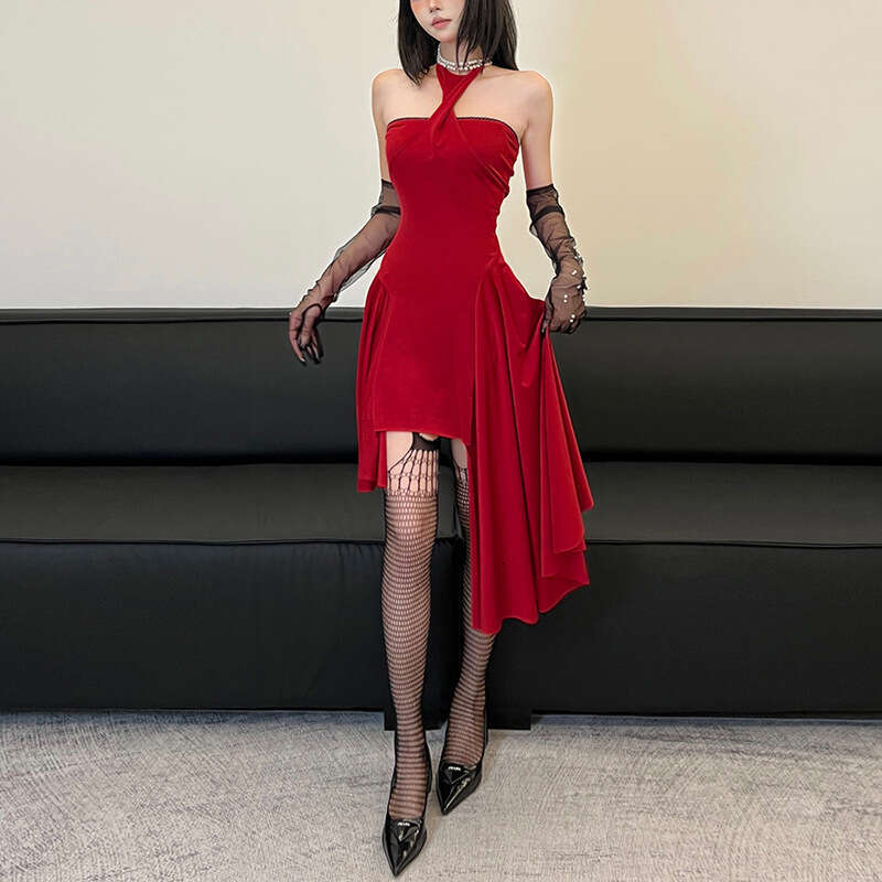 2024 Autumn New Women's Solid Color Slim High Waist Fashion Halter Neck Backless Sleeveless Dress 380