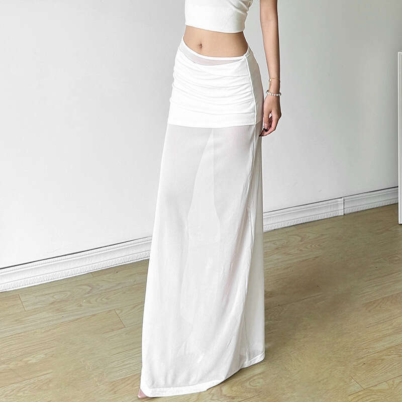 2024 Summer New Women's Solid Color Slim Fit Street Fashion High Waist Sheer Mesh Skirt 13d