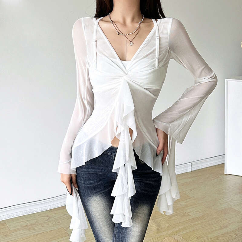 2024 Summer New Women's Solid Color Slim Street Fashion V-Neck Long Sleeve Sheer Top 2f6