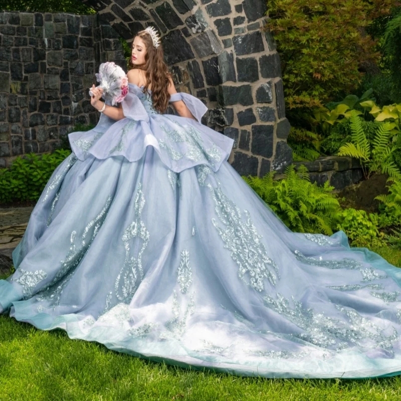 Light Green Shiny Quinceanera Dresses Off Shoulder Ball Gown Sweet 16 Dress Applique Lace Beads Tull Birthday Party Vestidos De 15 Anos