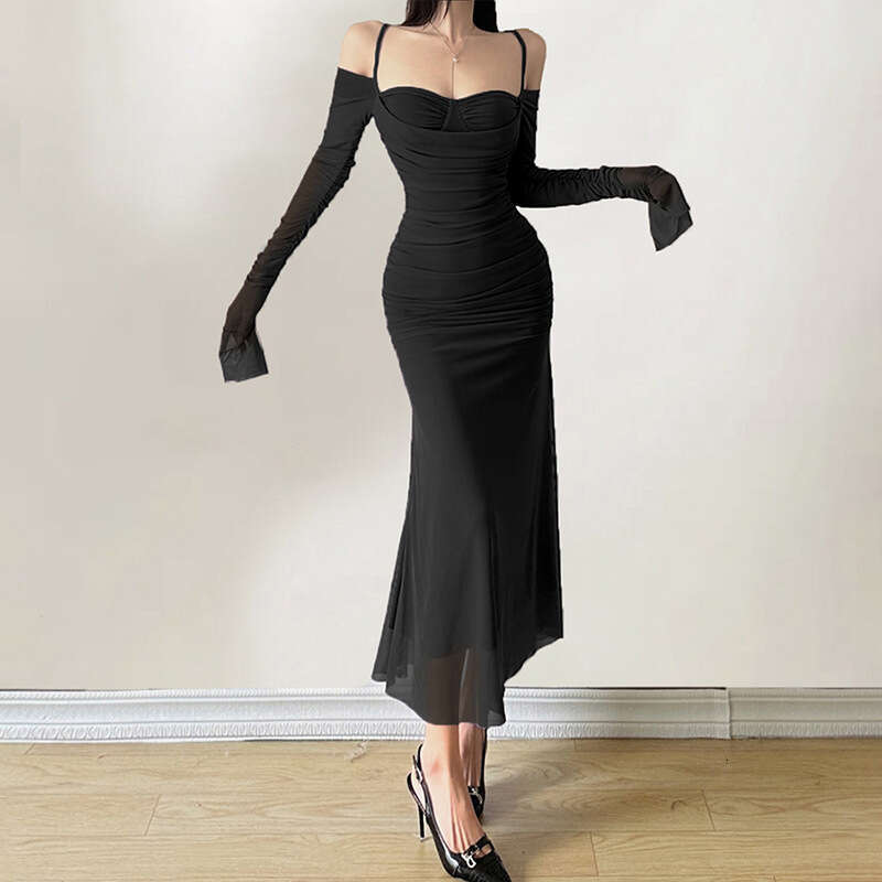 2023 Autumn Winter New Fashion Sexy Solid Color Sleeve Strap Long Dress eb3