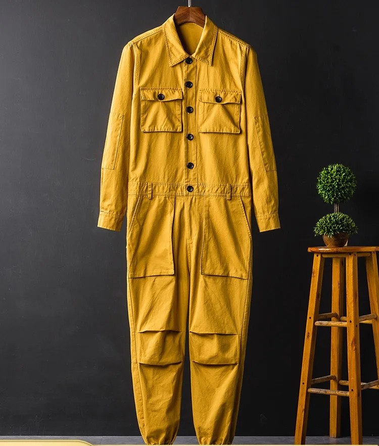 Mens Jumpsuit Lapel Long Sleeve Multipocket Ankle Length Beam Feet Overalls Fashion Black Yellow Freight Trousers Cargo Pants 250725