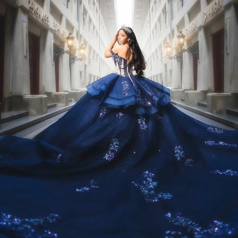 Navy Blue Shiny Quinceanera Dresses Off Shoulder Ball Gown Sweet 16 Dress Applique Lace Beads Tull Birthday Party Vestidos 15 Anos
