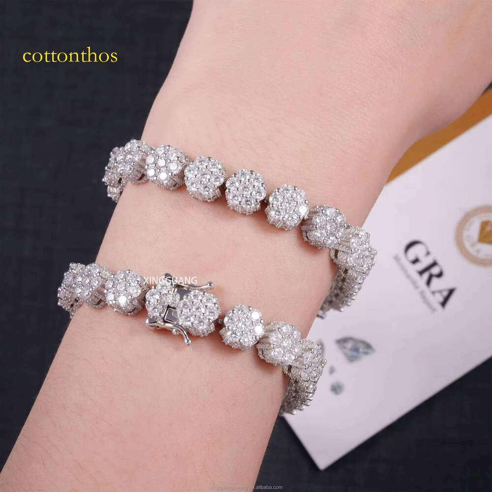 100% Pass Tester Flower Design Dia Solid Sier Hip Hop For Men Women VVS Moissanite Cuban Bracelet