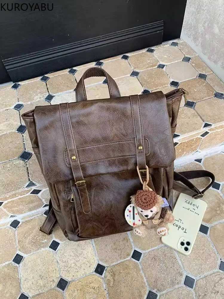 Vintage Brown Jk Backpacks Wen High Street Preppy Style Pu Leather Backpack Ladies Harajuku Casual School Bag Fi Y2k Bags Y250724
