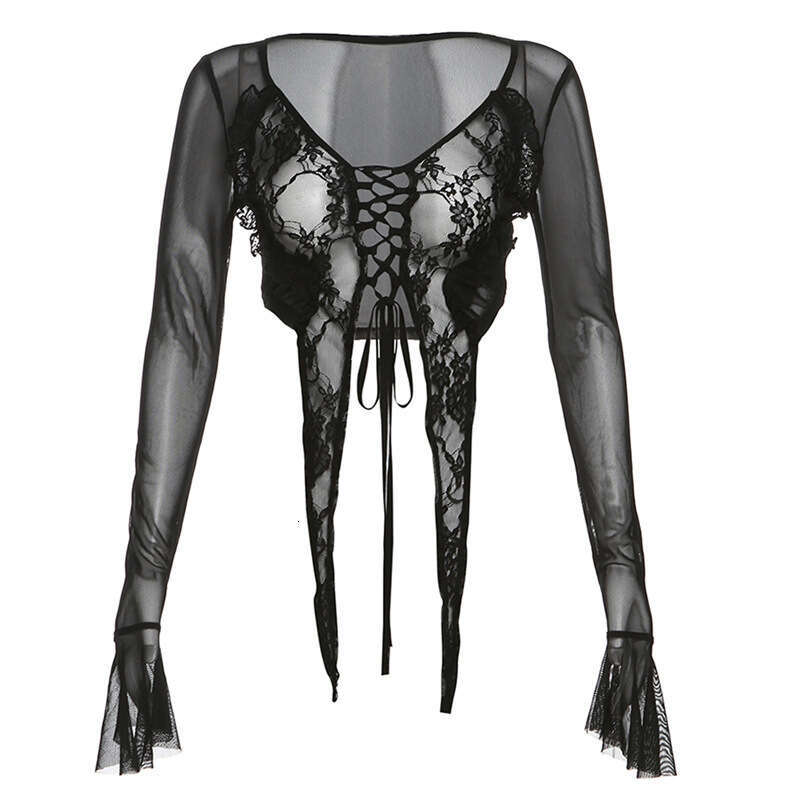 2024 Spring New Women's Solid Color Slim Fit Crop Top Fashion V-Neck Long Sleeve Mesh T-Shirt for Women 3e6