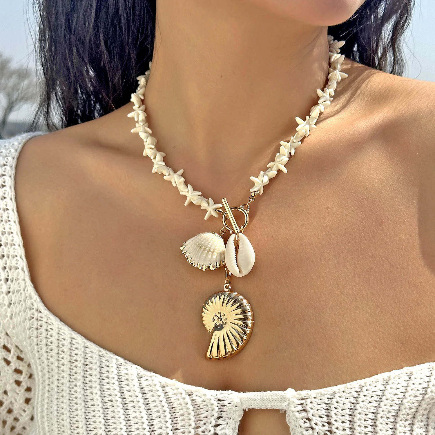 Bohemia Irregular Shell Beaded Chain Necklace for Women Summer Beach Vacation Starfish Conch Pendant Choker Y2K Jewelry 250716