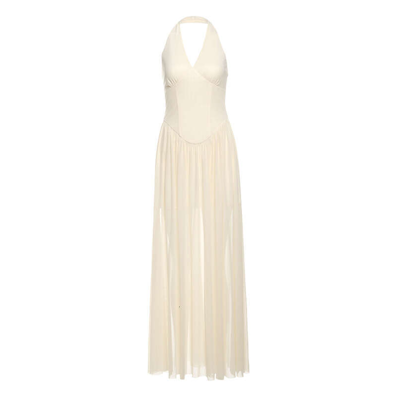 2025 Spring New Women's Solid Color Slim High Waist Fashion V-Neck Halter Sleeveless Dress 2b3