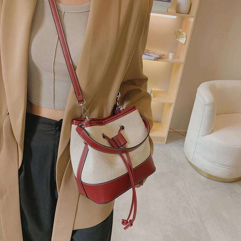 Contrast Color Drawstring Bucket for Women Autumn New Fashion Canvas Handbags Large Capacity Crossbody Tote Shopper Bag