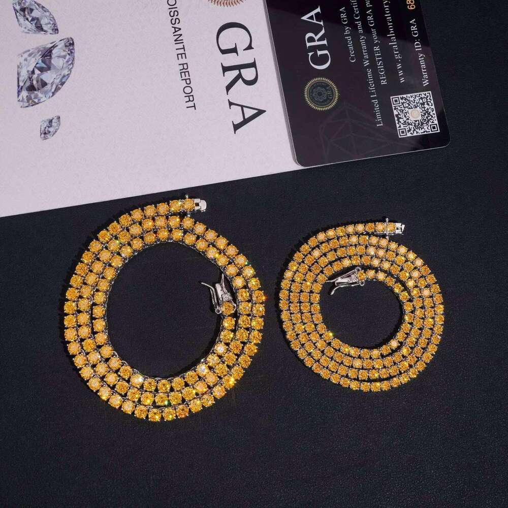 Hip Hop Boutique Jewelry Sterling Sier 3mm Iced Yellow Diopside Tennis Chain Necklace Men's Gift