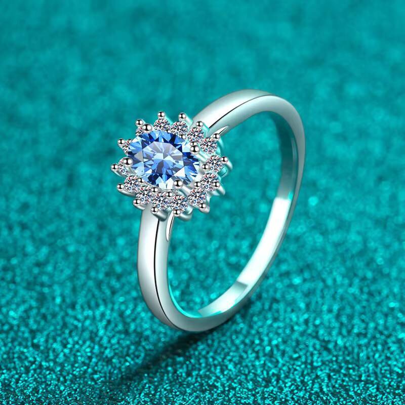 Blue Color Elegant Wedding Jewelry Diamond Moissanite Rings Solid 925 Sterling Silver for Women