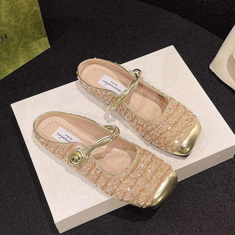 Ddmysports Baotou Mary Jane Sandals For Women Outdoor Wear Summer New French Style Sequins Elegant Matches Skirts Half Slippers Outdoor Shoes