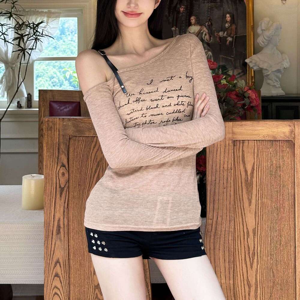 2024 Summer New Women's Fashion Solid Color Slim Street Style Asymmetrical Neck Off-Shoulder Long Sleeve Top 8f1