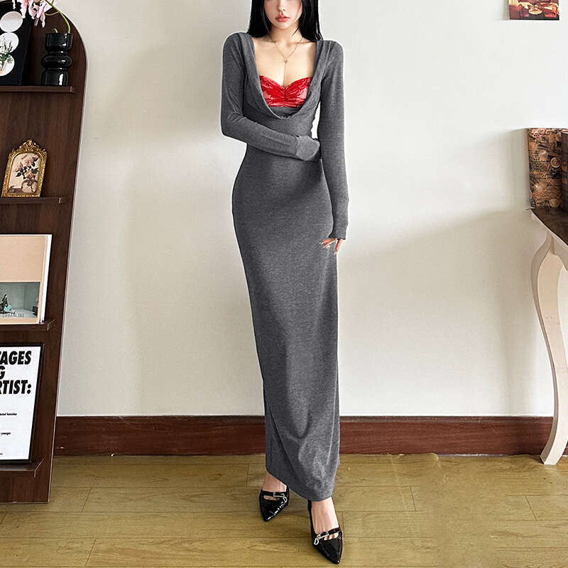 2024 Autumn Winter New Women's Solid Color Slim High Waist Bodycon Fashion Square Neck Long Sleeve Dress c47