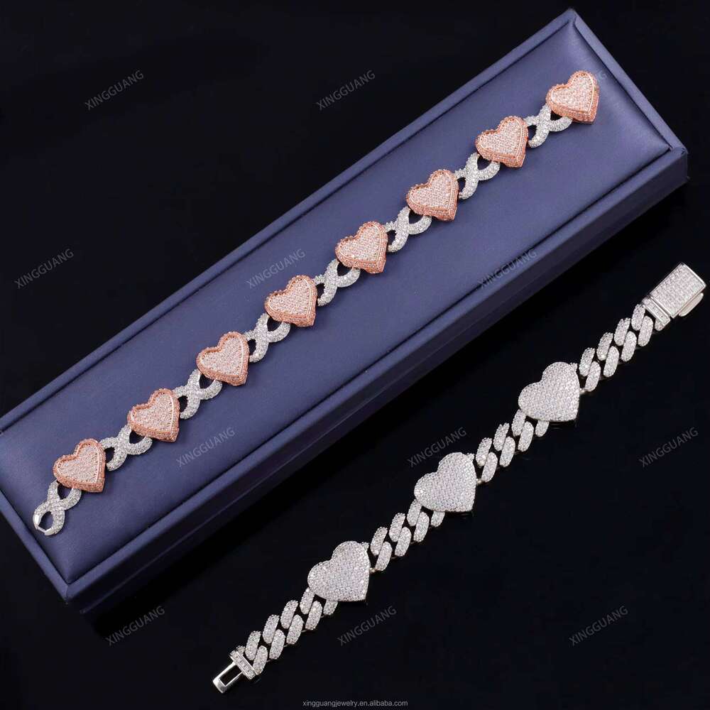 XG Pass Dia Tester Heart Iced Out Cuban Sier Vvs Moissanite Bracelets Bangle for Men
