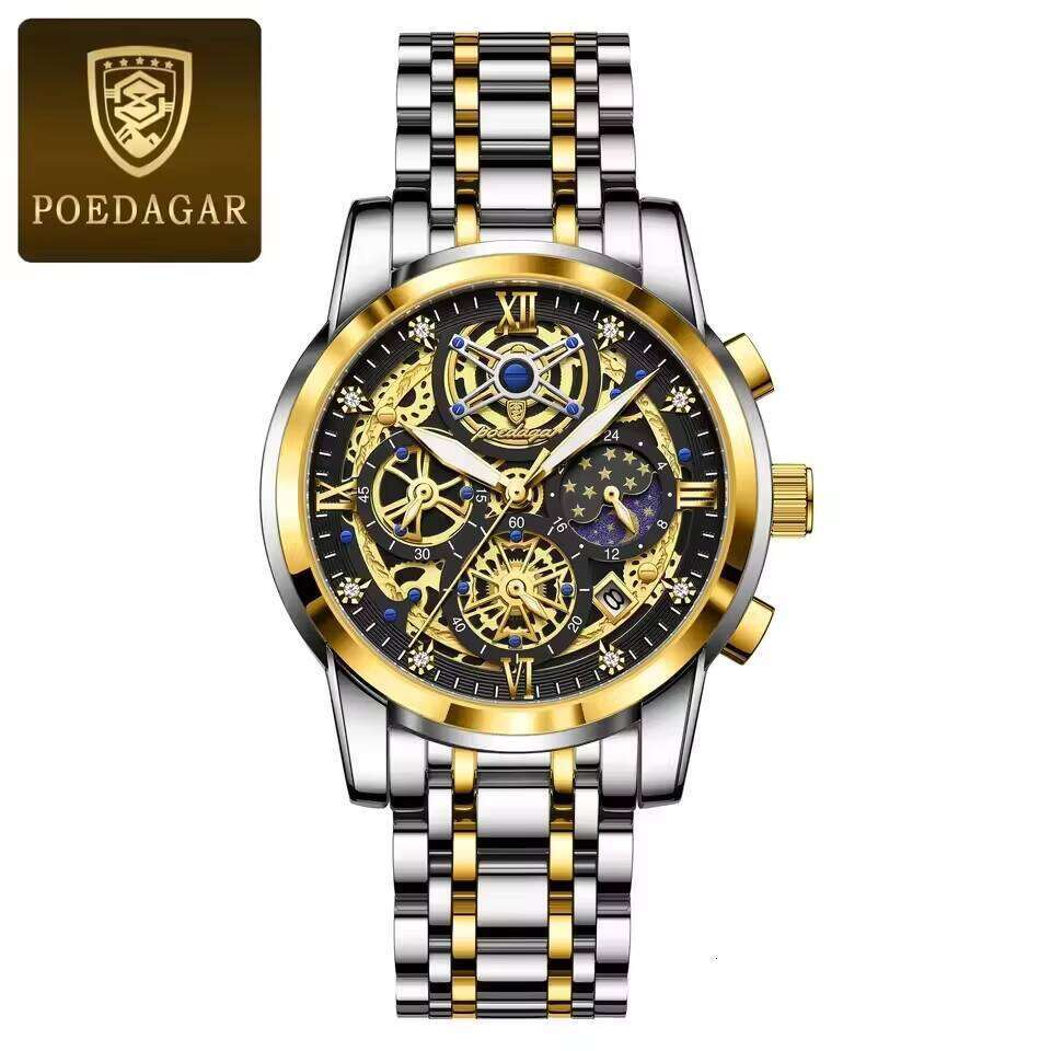 DHgargets POEDAGAR Watches Chronograph Date Stainless Steel Watch for Men Waterproof Luminous Quartz Men's Reloj