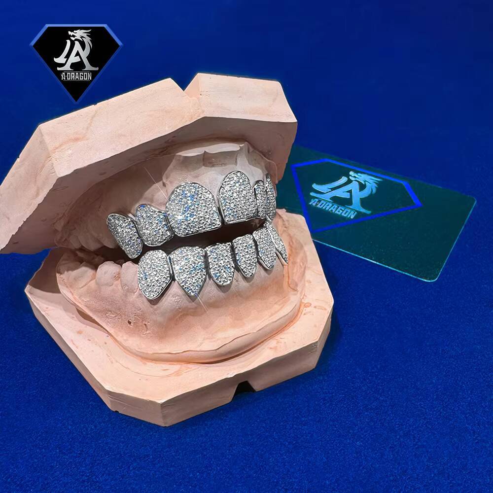 VVS Moissanite Diamonds Custom Made Dental Grills Iced Sterling Silver Real Gold Plating Zigzag Setting Teeth Grillz-for Gifts