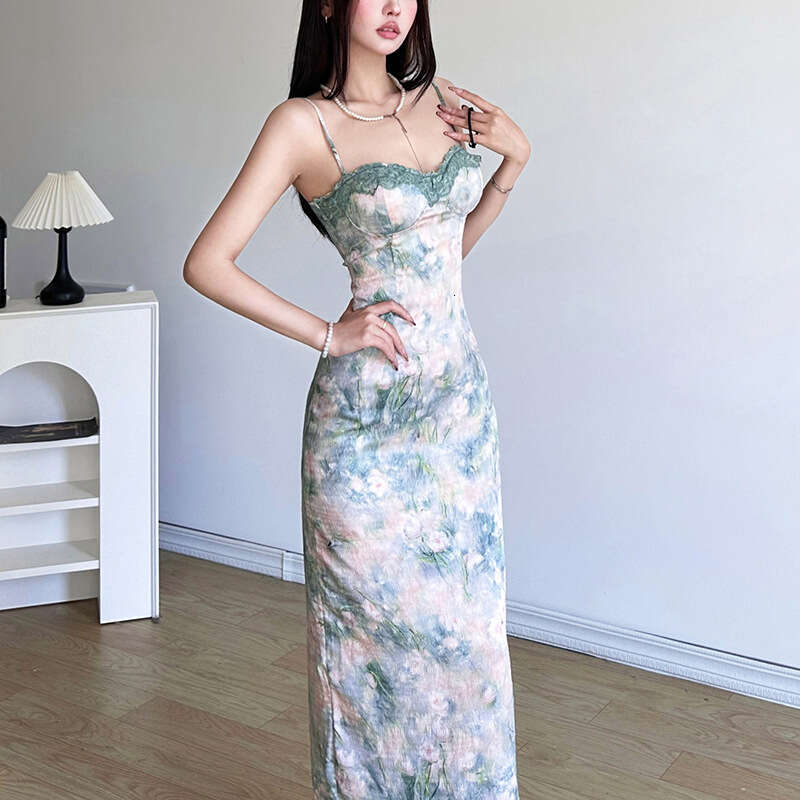 2024 Spring New Women's Solid Color Slim High Waist Fashion Strap Printed Split Dress 44c