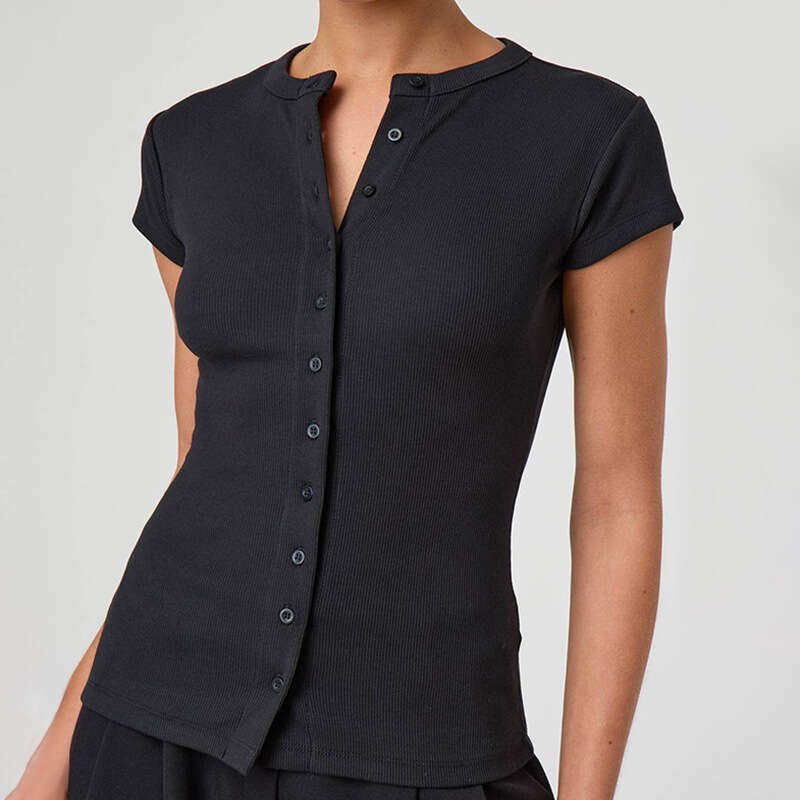Y25tp017 Women's Spring And Summer New Solid Color Sexy Button Short Sleeve T-Shirt Top B5