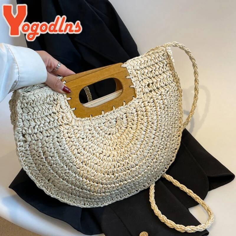 Minimalist Straw Bag for Women Summer Half-moon Beach Handbags Rattan Handmade Kintted Handle Bags Bolsas