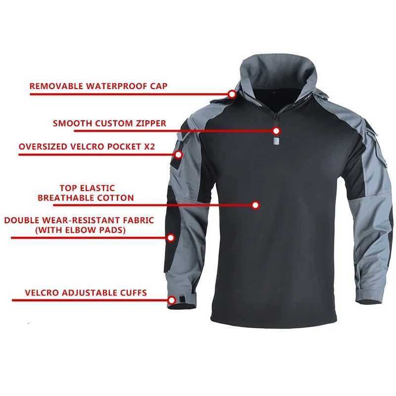Outdoor Shirts Camo Combat T-Shirt Hooded Men Tactical Shirt Airsoft Paintball Cotton Hunting Clothing Wear-resisting Y250724