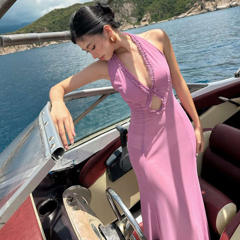 2025 Summer New Style Personality Hollow Sexy Slim Fit Elegant Sleeveless Halter Neck Long Dress Women's Clothing d8f