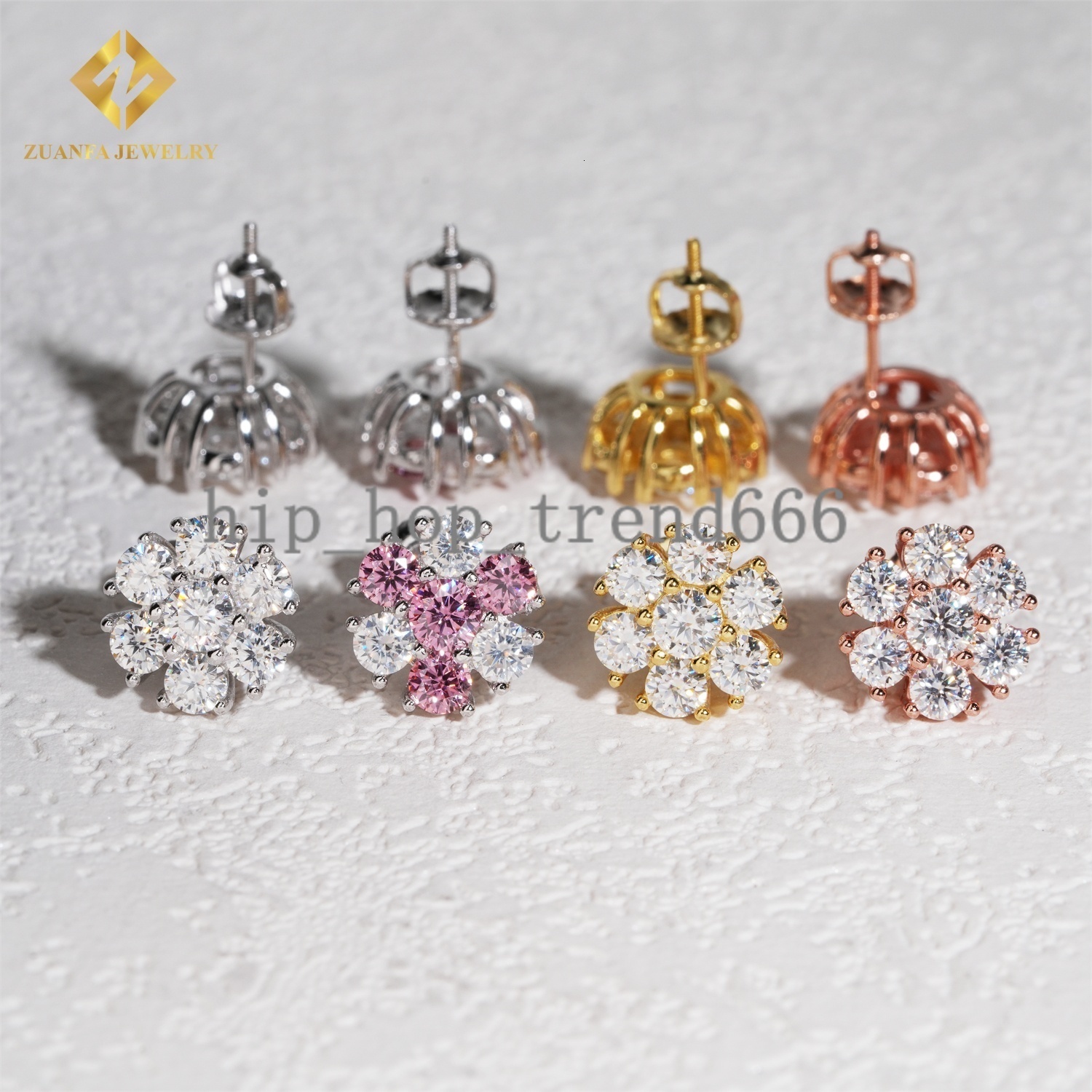 Women Luxury Hot Sale Gold Plated Hip Hop Jewelry Multi Size 925 Sterling Silver Flower Cluster Moissanite Diamond Stud Earrings