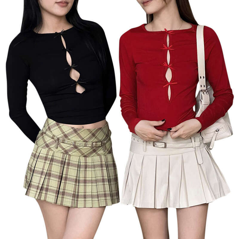 Y23tp564 Women's Autumn New Solid Color Round Neck Long Sleeve Continuous Hollow Bow Top T-Shirt For Women B5