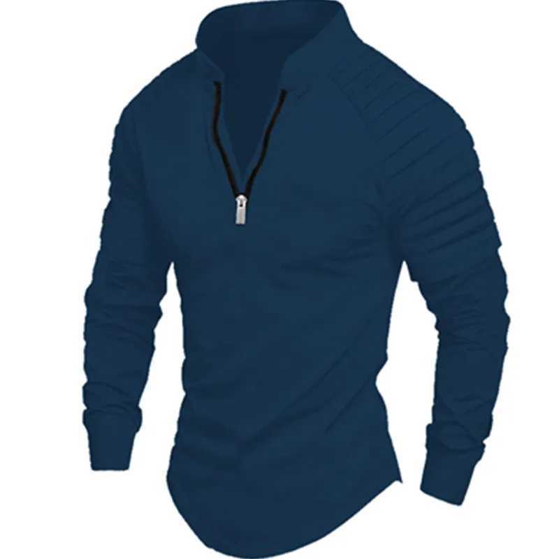 Mens Long-Sleeved Polo Shirt with Zipper Standing Collar Pleated Sleeves Solid Color Sports Casual Slim Fashion Mens Wear XJ250725